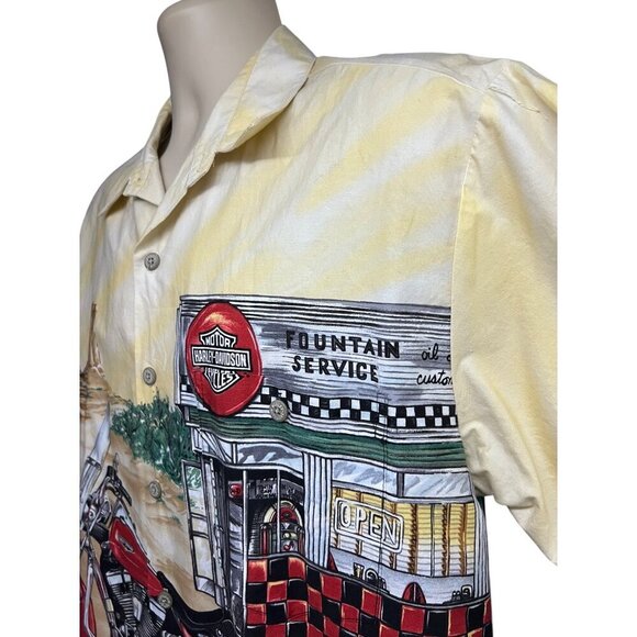 Harley Davidson Vintage Yellow Motorcycle Big Print Button Up Camp Shirt Large - Picture 6 of 10